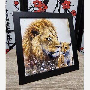 8x8 Framed Lion and Cub Gorgeous Fantasy Art Oil Painting Print
